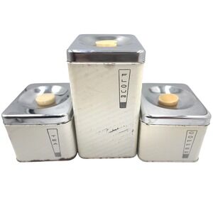 Vintage‎ Kitchen Canister Set 3 Piece Flour Coffee Tea Metal Retro